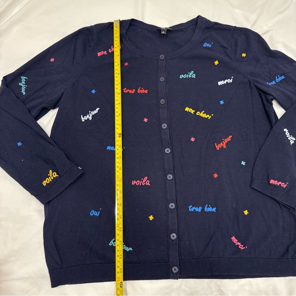 Talbots Plus Size 1X Navy Cardigan Embroidered French Phrases Bonjour Voila - Picture 6 of 8